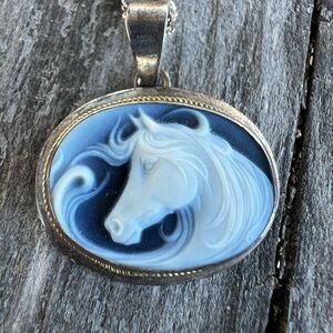 Carved blue agate horse cameo pendant sterling silver
